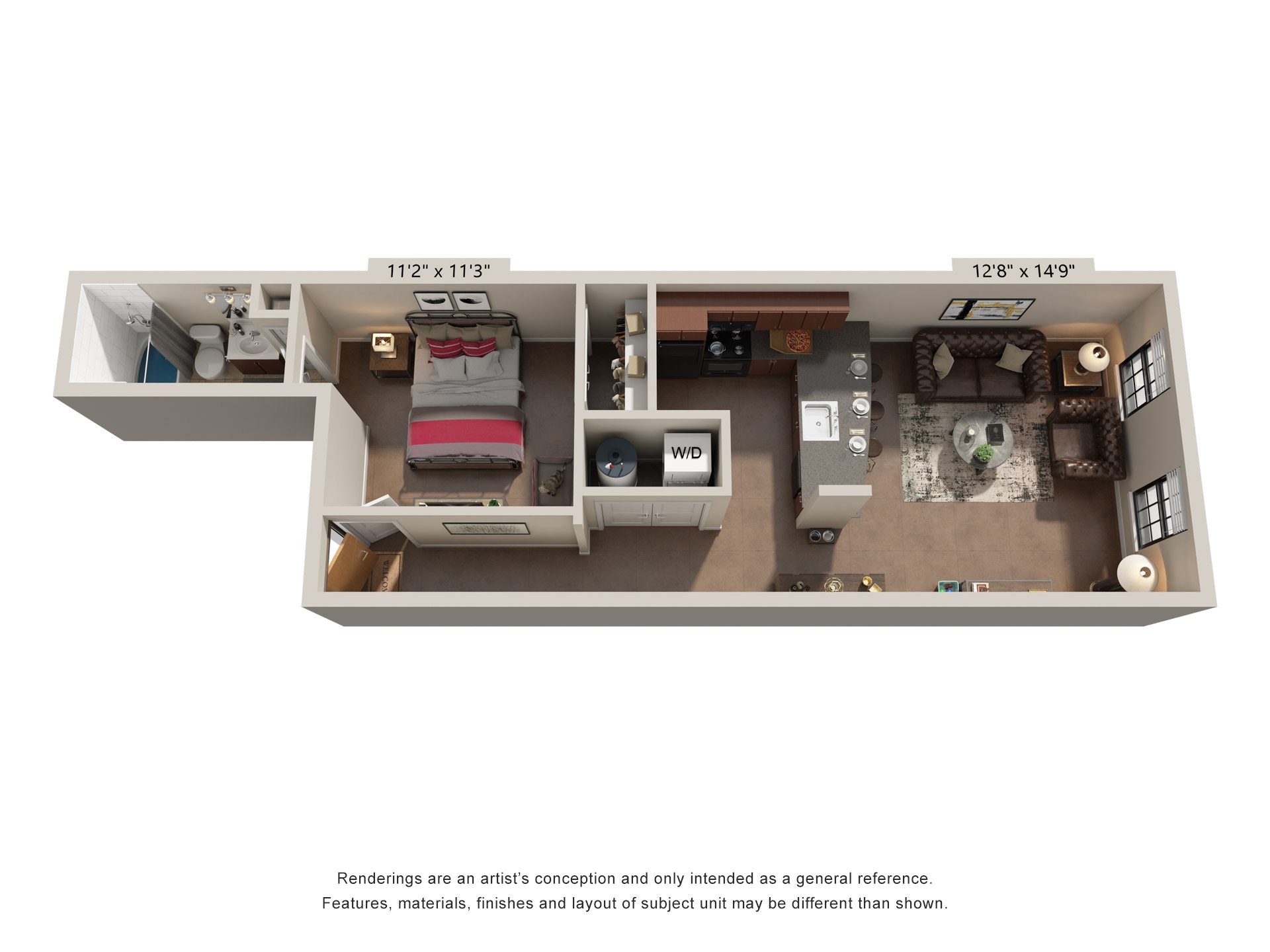 Floor plan for 1 bed, 1 bath, 655 sqft